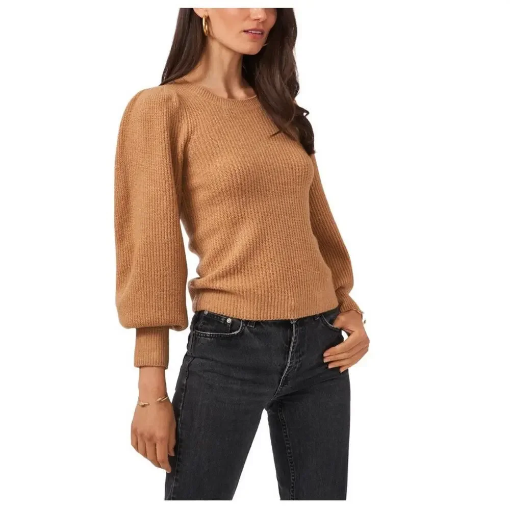 Tahari Sweater Women's Rib Knit Puff Sleeve Fitted Brown Camel Size Small‎